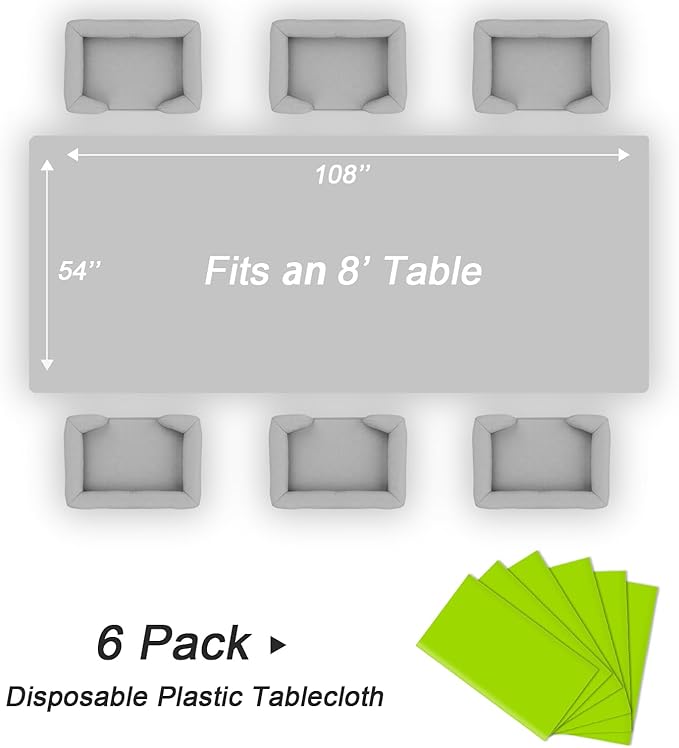 QIKSION Lime Green Plastic Table Cloth Disposable 6 Pack, 54 x 108