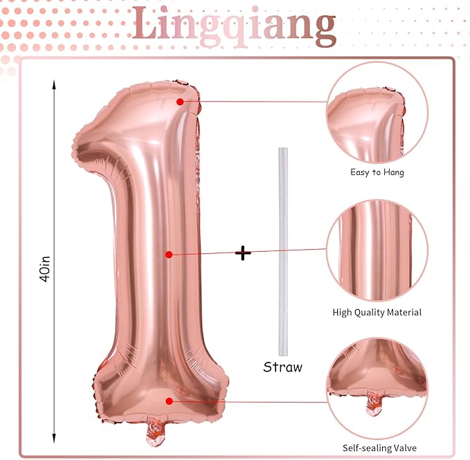 Rose Gold 1 Balloons, 40 Inch Giant Helium Foil Number 0-9 for Girls,