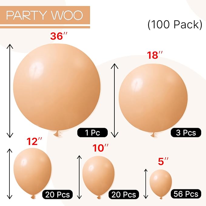 PartyWoo Nude Balloons 100 pcs Different Sizes Pack of 36 18 12 10 5