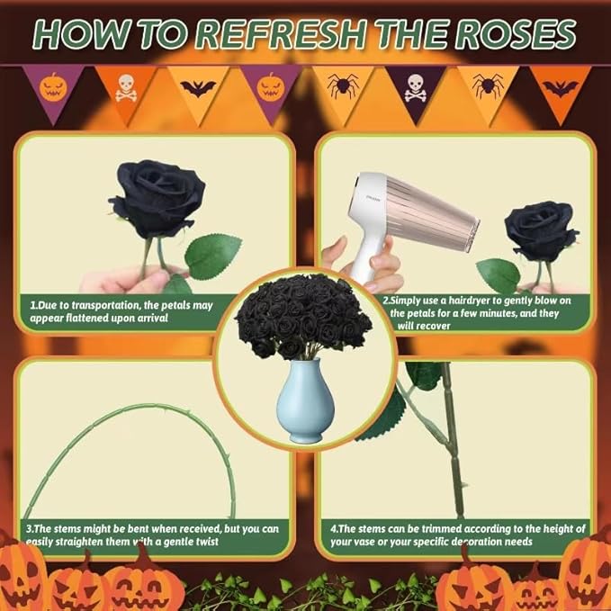 30 PCS Fake Black Roses Artificial Flowers Bulk Halloween