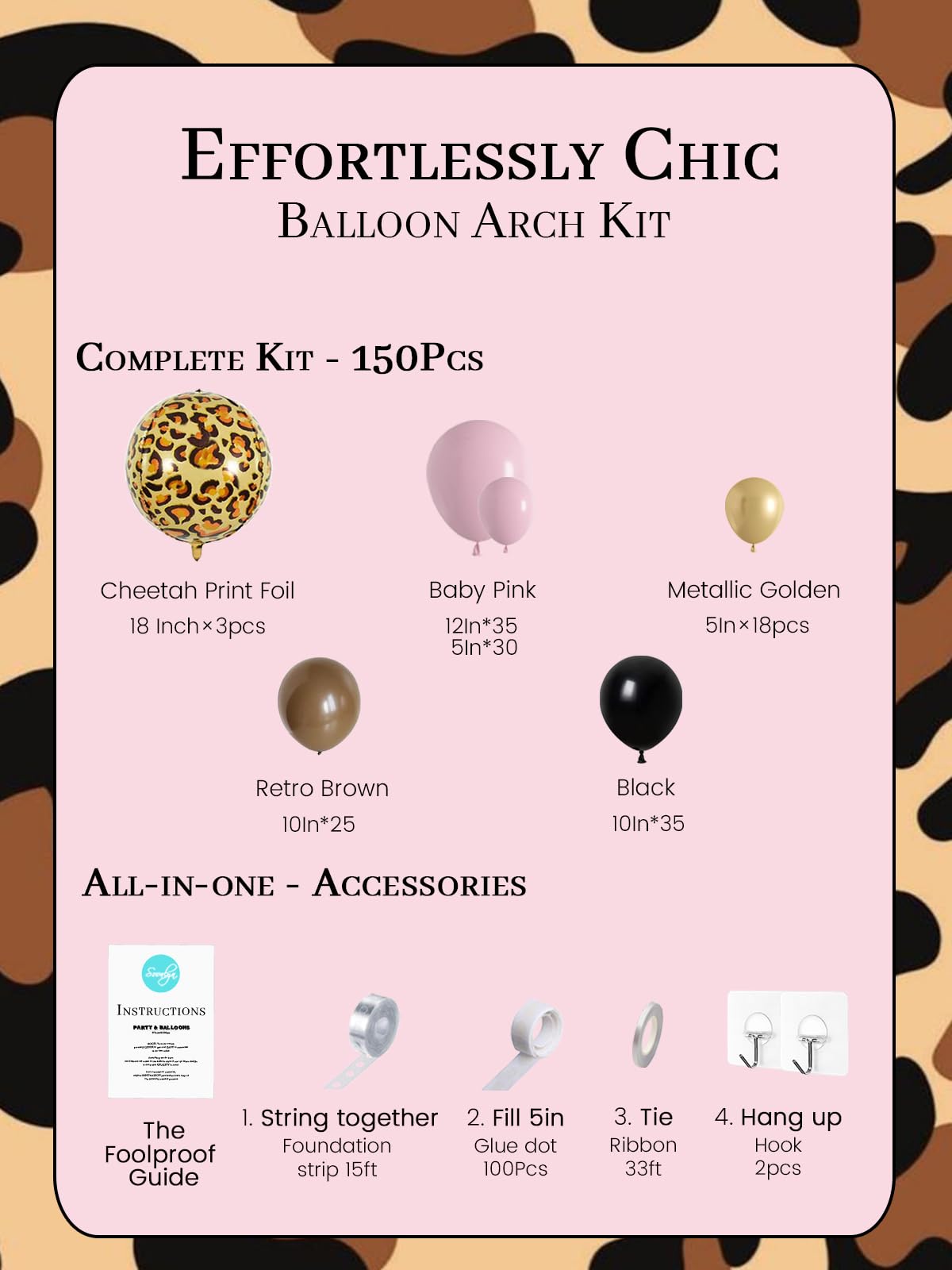 Soonlyn Cheetah Print Balloon Arch Kit,150pcs Pink Black Brown