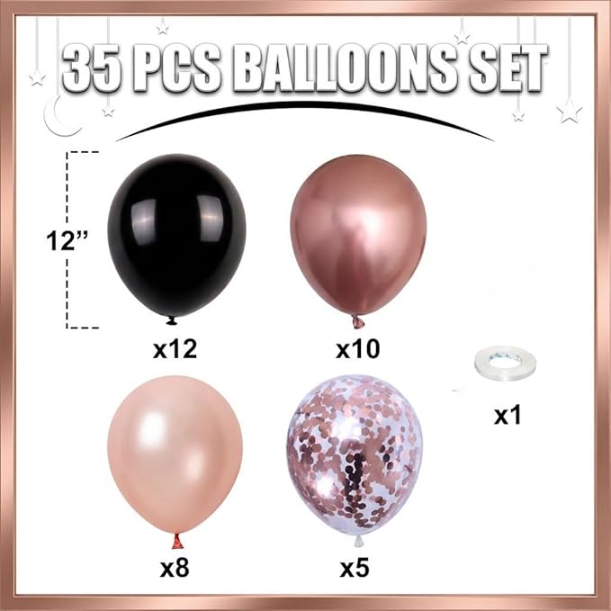 HILAVO Rose Gold and Black Balloons, 12Inch Metallic Rose Gold and