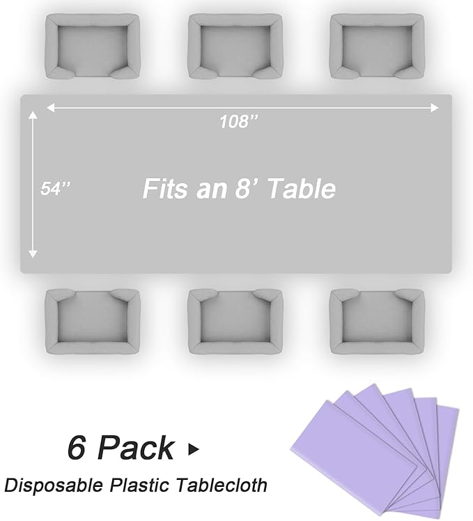 QIKSION Lavender Plastic Table Cloth Disposable 6 Pack, 54 x 108 Inch