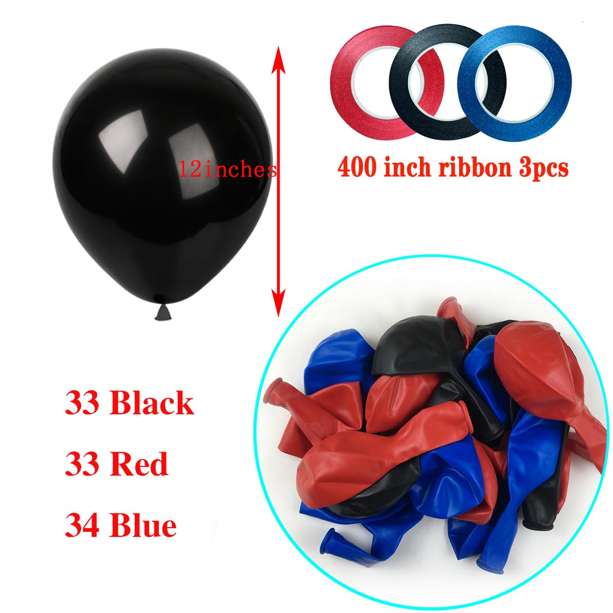 KADBANER Red Black Blue Balloons,100 Pack 12 Inch Latex Balloons,for