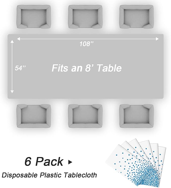 QIKSION 6 Pack White and Blue Dot Plastic Tablecloth, Waterproof