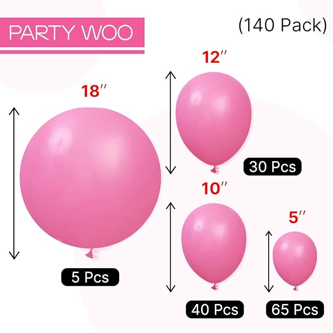 PartyWoo Hot Pink Balloons 140pcs Different Sizes of 18 12 10 5 Inch M