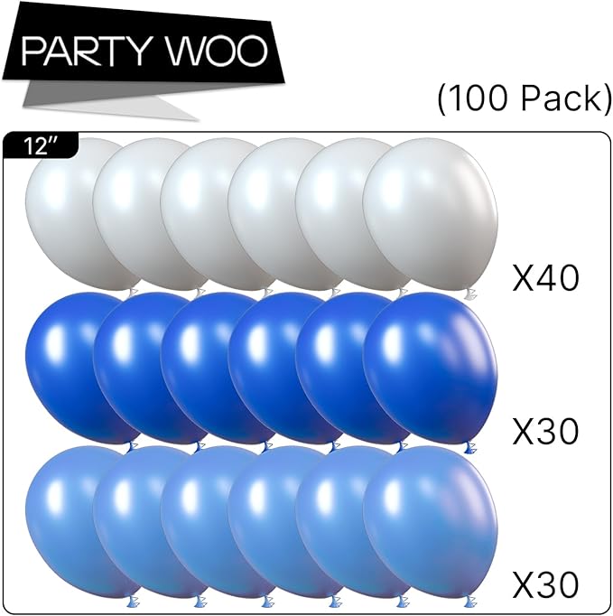 PartyWoo Blue and White Balloons 100pcs 12 Inch Pearl Light Baby