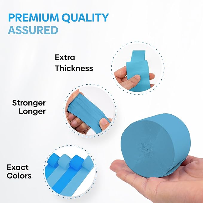 Captain Décor 4 Blue Streamers, 328ft Pack of Crepe Paper Roll, Blue
