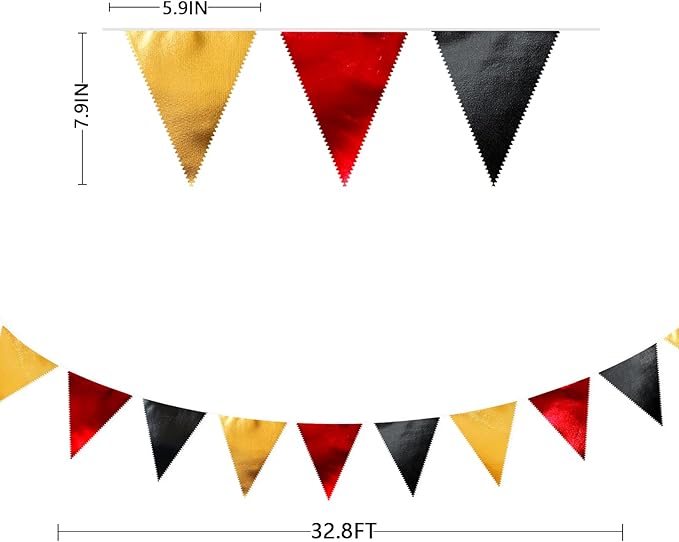 Red Black Gold Party Decorations Metallic Fabric Triangle Pennant