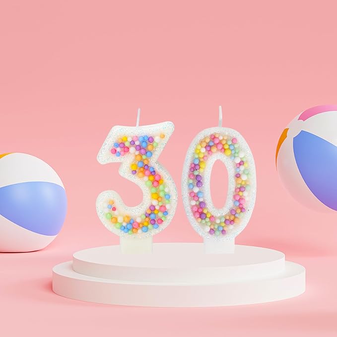 30th Birthday Candle for Cake, Colorful Macaron Numeral Candles for Wo