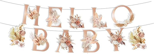Neutral Boho "Hello Baby" Banner, Pampas Grass Bohemian Baby Shower &