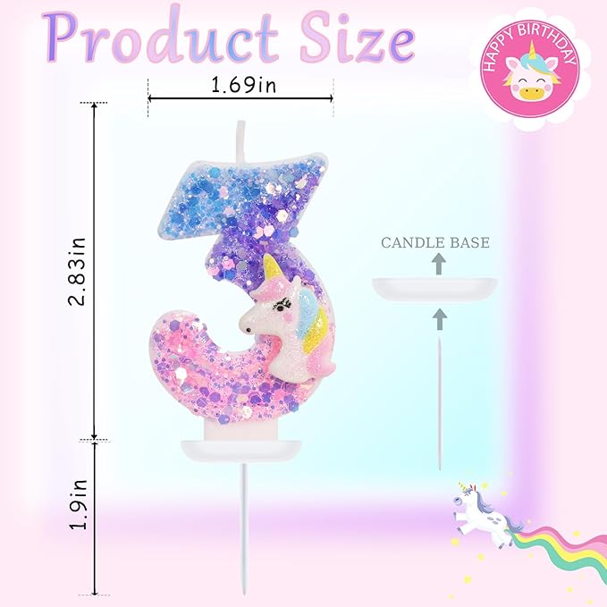 Unicorn Candle Number 3 Candle 3rd Birthday Decorations for Girls
