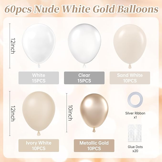 60pcs 12inch Beige White Gold Balloons, Metallic Gold Sand White