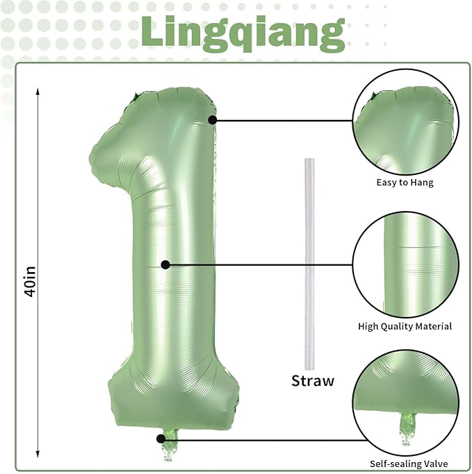 Sage Green 1 Balloons, 40 Inch Giant Olive Green Helium Foil Number