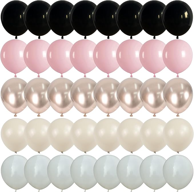 60 PCS Black and Pink Balloons, Retro Dusty Pink Ivory Sand White