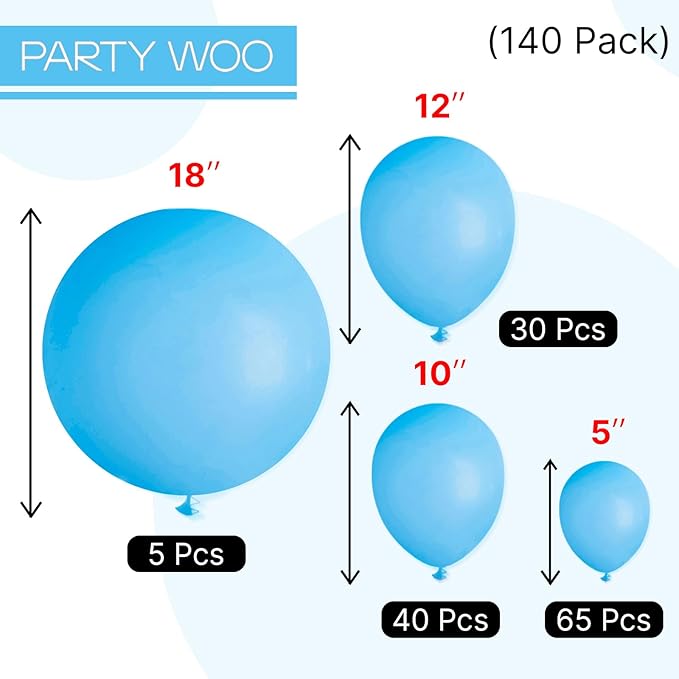 PartyWoo Light Blue Balloons 140pcs Different Sizes Pack of 18 12 10