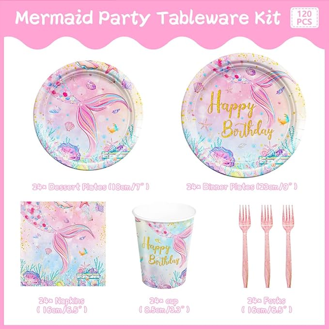 120Pcs Mermaid Birthday Party Plates Under the Sea Ocean Paper