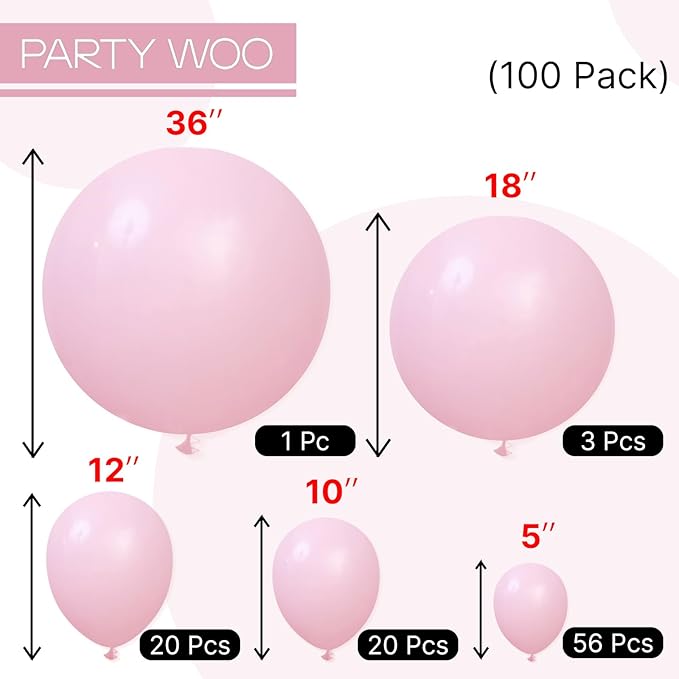 PartyWoo Light Pink Balloons 100 pcs Different Sizes of 36 18 12 10 5