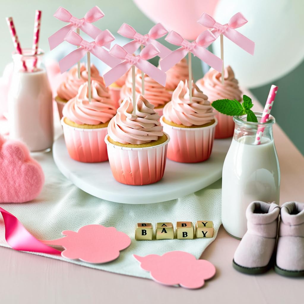 24pcs Bow Cupcake Toppers - Girls Pink Bow Cake Picks Party