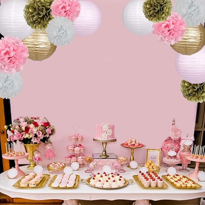 Pink and Gold Party Decorations, Pink Gold Paper Lanterns and Pom