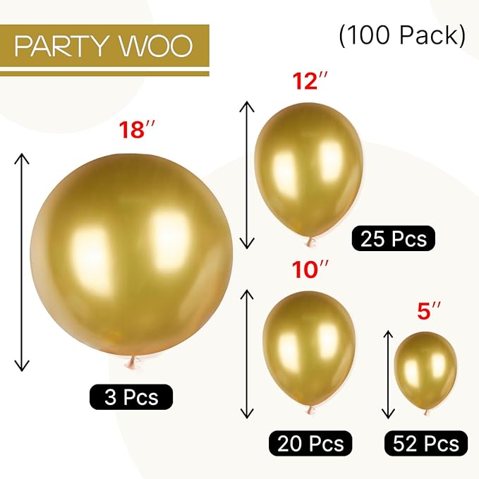 PartyWoo Gold Balloons 100pcs Different Sizes of 18 12 10 5 Inch Gold
