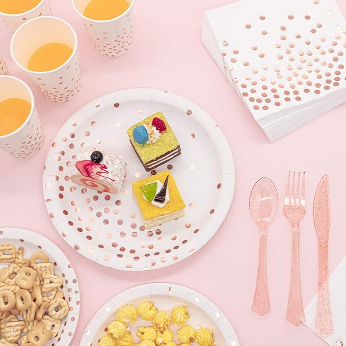 White & Rose Gold Party Supplies - 350 PCS Disposable Dinnerware Set