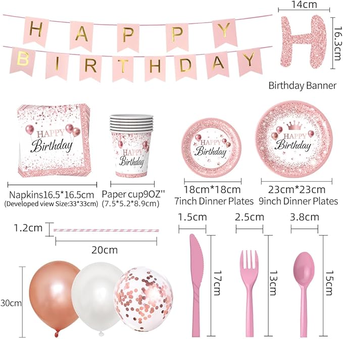 Rose Gold Birthday Party Supplies 212Pcs Disposable Party