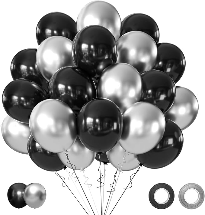 Black and Metallic Silver Balloons, 50PCS Black and Silver Balloons