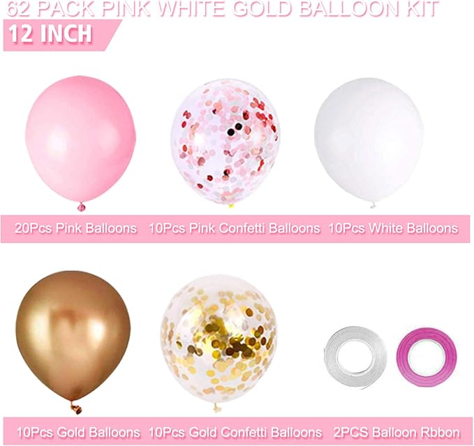 OuMuaMua 60Pcs Pink Gold Confetti Latex Balloons Kit, 12 Inch Pink