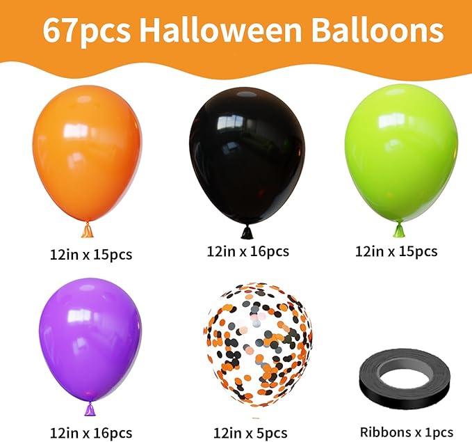 Halloween Party Balloons, 67pcs 12 Inch Black Orange and Purple Green