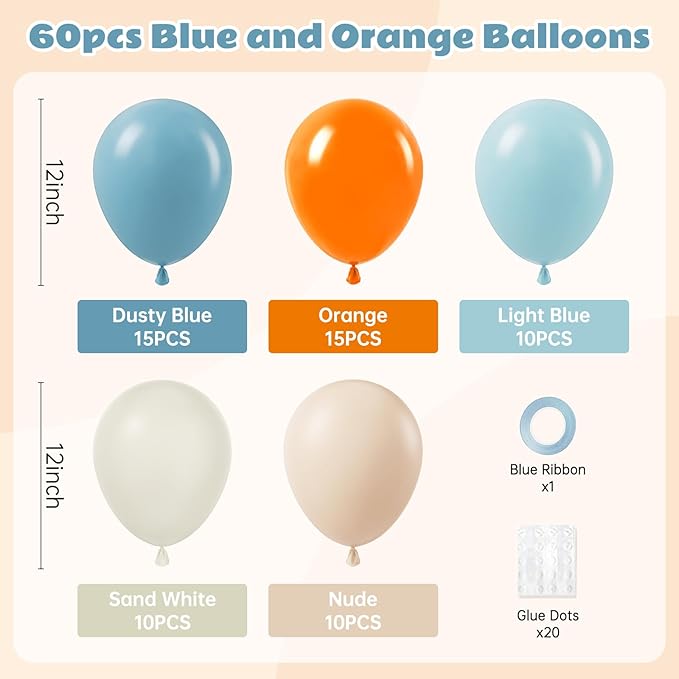 60pcs 12inch Blue and Orange Balloons, Dusty Blue Orange Sand White