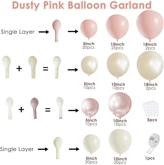 Boho Dusty Pink Balloons Garland Arch Kit, Double Stuffed White Pearl