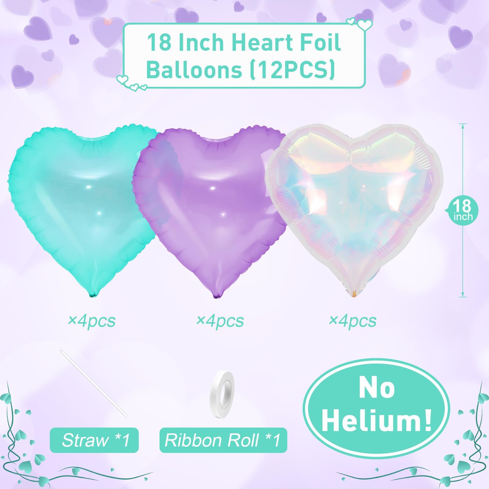 Iridescent Heart Balloons, 18Inch Transparent Heart Foil Balloons