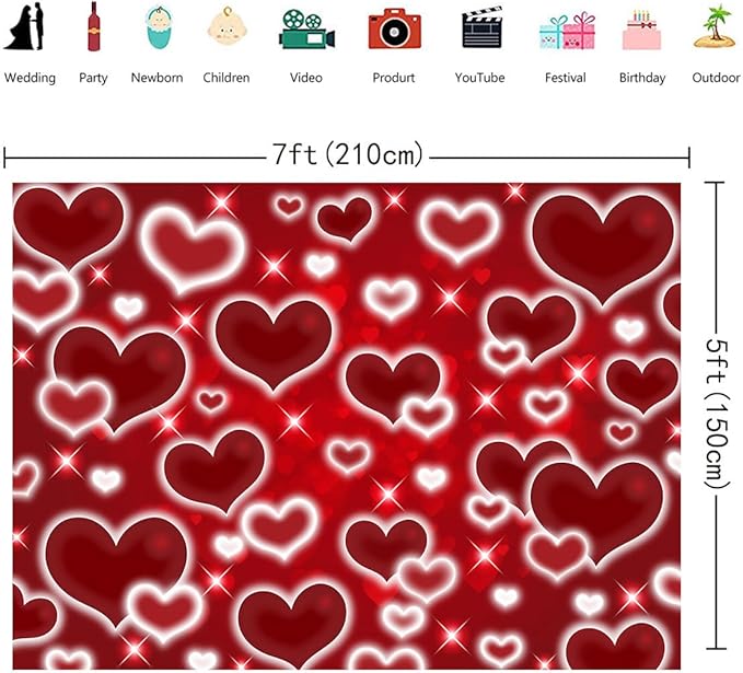 Red Heart Photo Backdrop Valentines Decorations 10x8FT Early 2000s