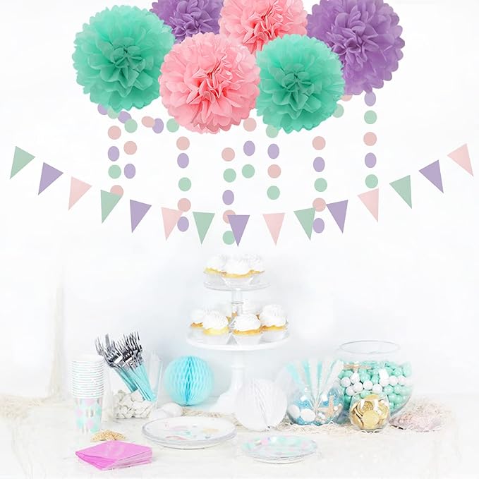 Pink Purple Mint Mermaid Ocean Themed Party Decorations 23pcs Tissue