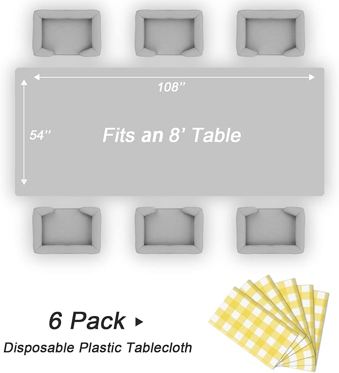 QIKSION Yellow Gingham Tablecloth Disposable 6 Pack, 54 x 108 Inch