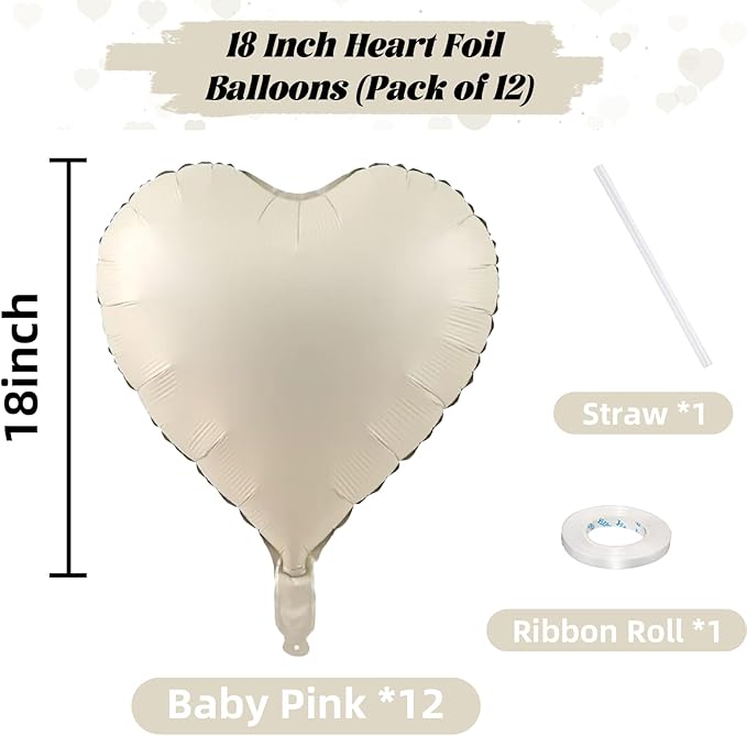 Cream Heart Balloons, 18 Inch Cream Heart Foil Balloons, 12Pcs Boho