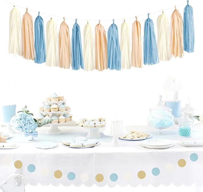 Dusty-Blue Baby-Shower Party-Decorations Tassel-Garland - 15pcs