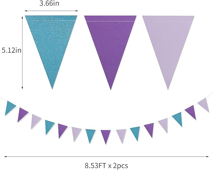 Mermaid Party Decorations Pennant Banner 2 Pack Glitter Purple Blue