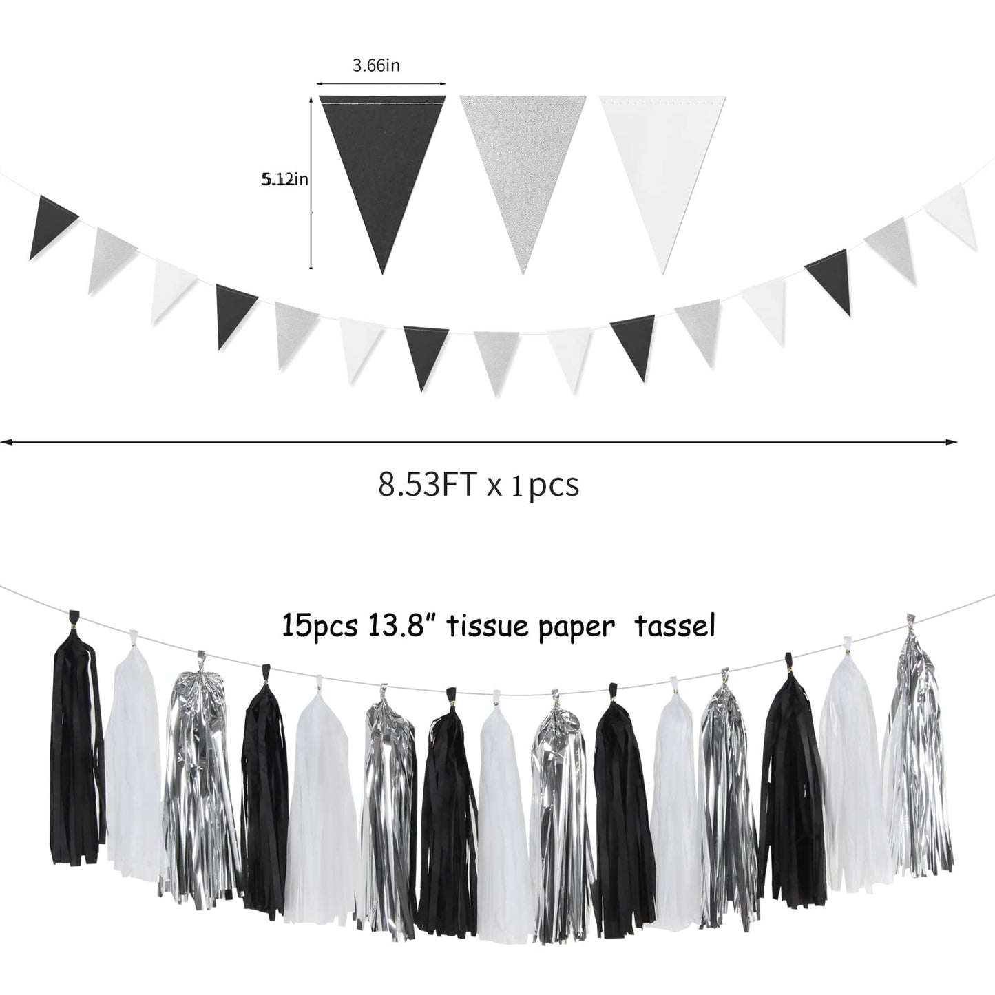 Black White Silver Party-Decorations Streamers - 23pcs Tissue Pom