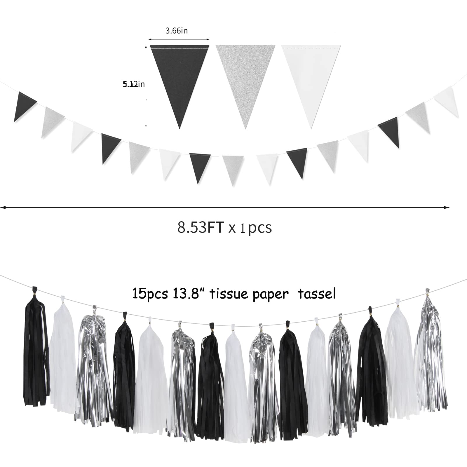 Black White Silver Party-Decorations Streamers - 23pcs Tissue Pom