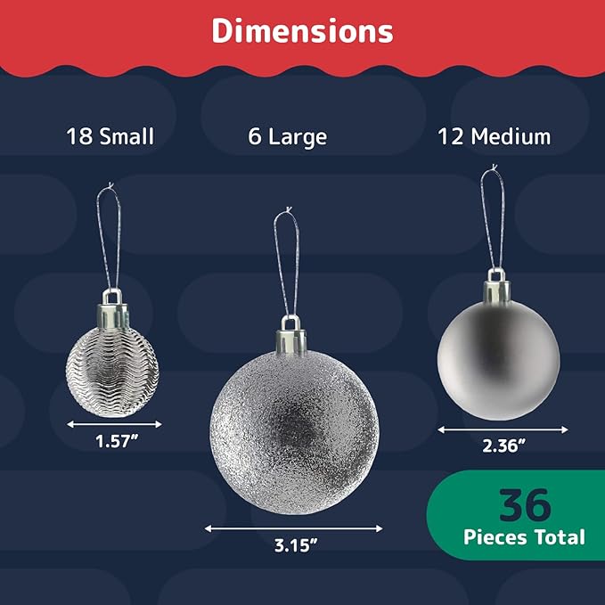 Prextex 36pc Silver Christmas Ornaments Set - Shatterproof Christmas