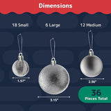 Prextex 36pc Silver Christmas Ornaments Set - Shatterproof Christmas