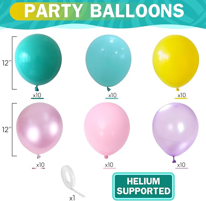 HILAVO Pastel Balloons 60 Pcs Metallic Pink Purple Teal Blue Yellow