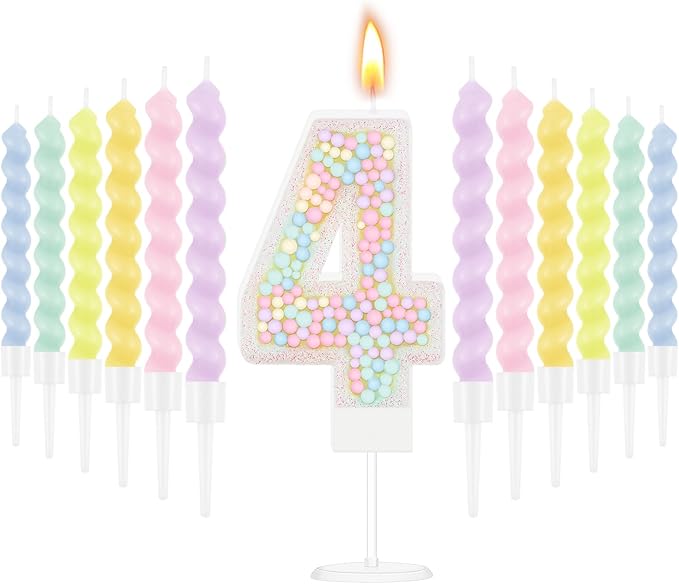 MTLEE Number 4 Birthday Candle with 12 Pcs Spiral Candles for Girls Ma