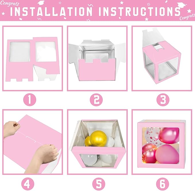Pink Graduation Decorations Class of 2026 - Set of 4 Balloons Boxes