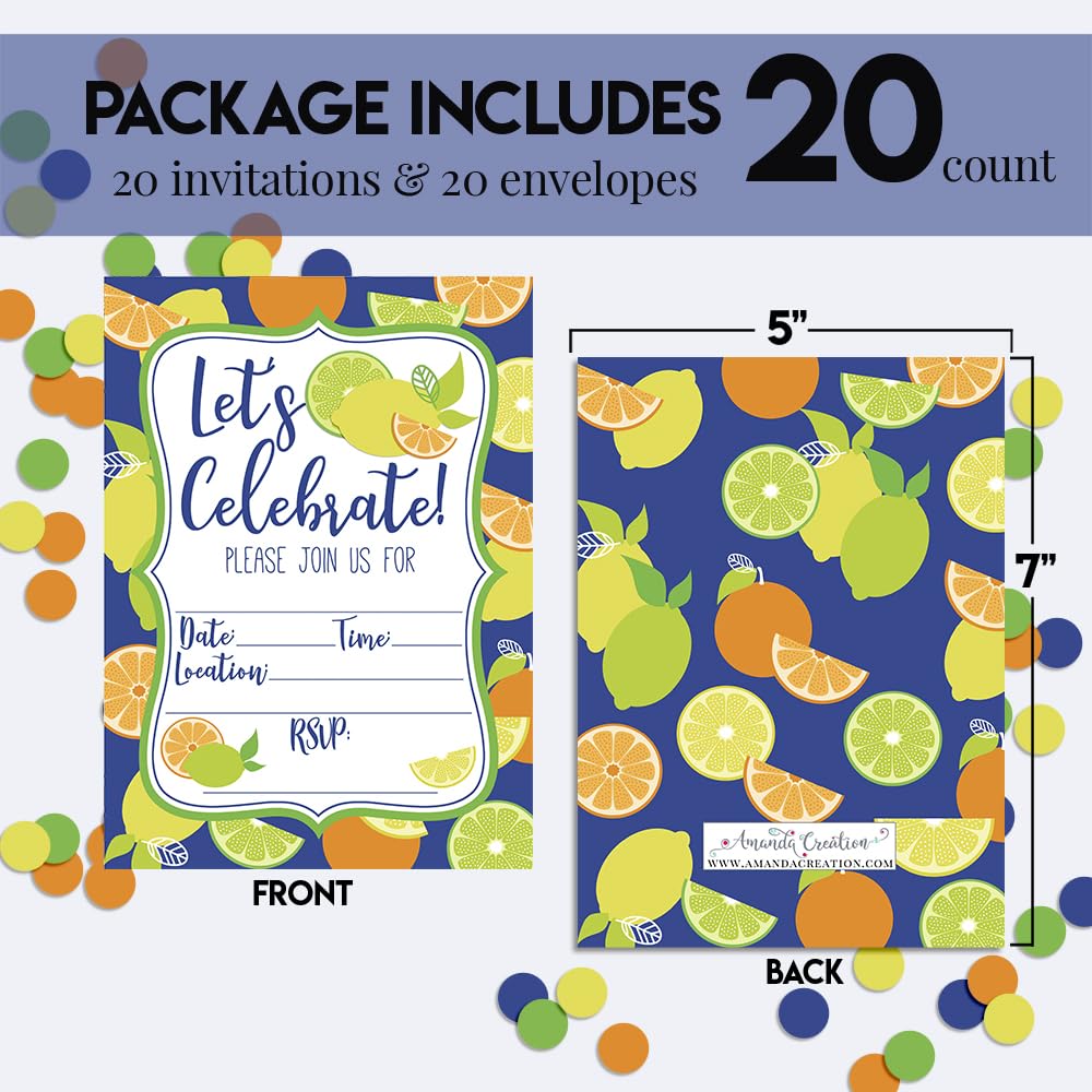 Amanda Creation Citrus Themed Summer Party Invitations, 20 5x7 Fill-In