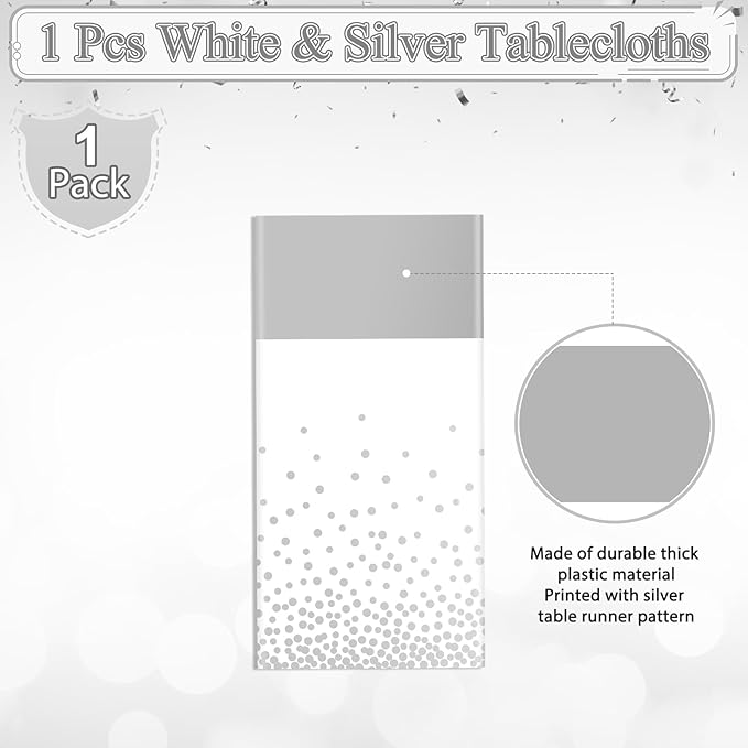 MASHAN 1Pcs White Silver Tablecloth Party Decorations,Plastic White