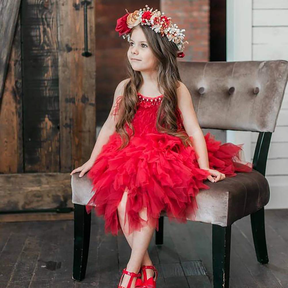Kids Girls Spaghetti Strap Lace Feather Fringes Tutu Tulle Swan