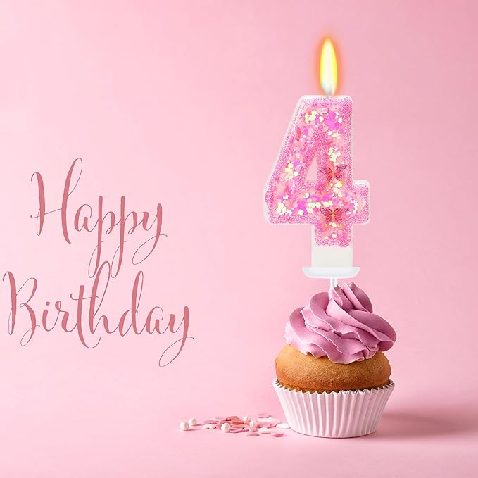 Pink Birthday Candles - Number 4 Candle for Birthday Girl, Butterfly